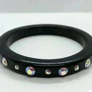 Vintage Black Lucite aurora borealis Rhinestone Chunky MODERNIST Bangle Bracelet